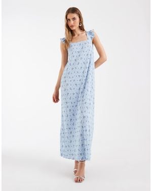 Pieces Plisse Maxi Dress With Frill Sleeves - Blue