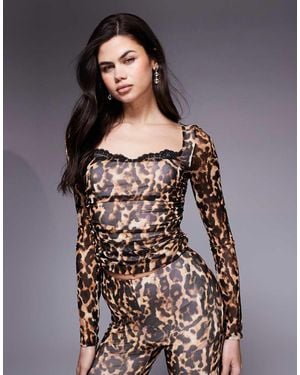 AFRM Marcello Ruched Mesh Lace Trim Top Co-ord - Grey