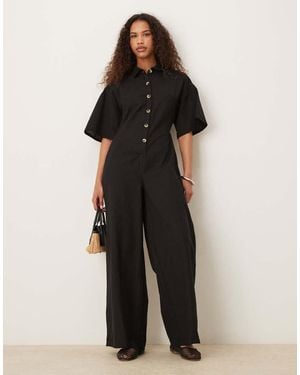 ASOS Button Down Collared Wide Leg Jumpsuit - Black