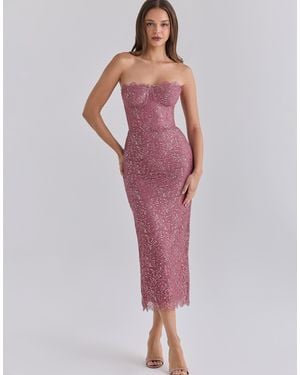 House Of Cb Alexia roséfarbenes metallic-spitzen-midikleid mit trägerlosem schnitt - Lila