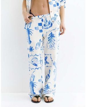 Pull&Bear Marine Printed Flowing Trousers - Blue