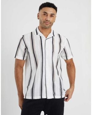 Brave Soul Knitted Revere Collar Striped Shirt Sleeve Shirt - White