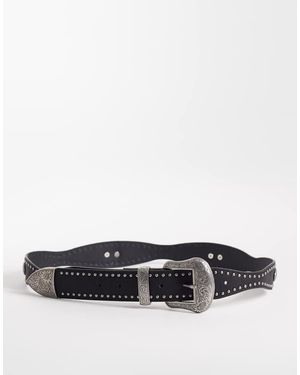 ASOS Faux Leather Western Studded Belt With Engraved Texture Buckle - White