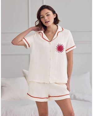 Chelsea Peers Cotton Cheesecloth Embroidered Le Soleil Short Pyjama Set - White
