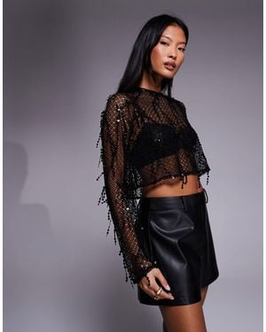 Jaded Rose Petite Open Knit Tassel Sequin Cropped Top - Black