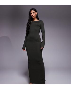 Kaiia Vestido Largo De Manga Larga Con Cuello Desbocado Y Lazada En La Espalda De Punto Fino Exclusivo De -Verde - Gris