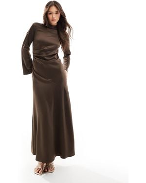 Closet Long Sleeve Satin Drape Maxi Dress - Brown