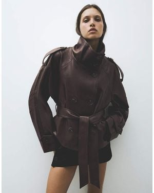 Bershka Short Leather Effect Trench Coat - Black