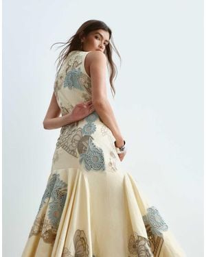 ARRANGE High Neck Drop Waist Floral Embroidered Maxi Dress - White