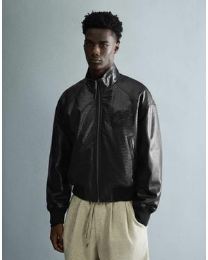 Bershka Braided Leather Effect Bomber Jacket - Black