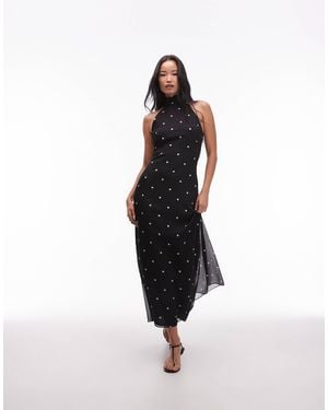 ASOS Robe longue en mousseline à col montant - noir à pois - Blanc