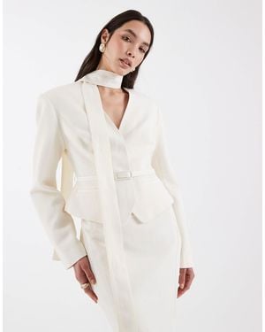 ASOS Tailored Strong Shoulder Blazer With Neck Scarf Detail - White