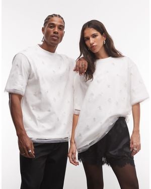 Sister Jane Unisex Embellished Demi Tulle Oversized T-shirt - White