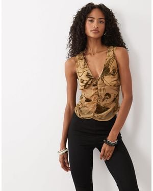 Motel Lenetera V Neck Floral Ruched Top - Natural
