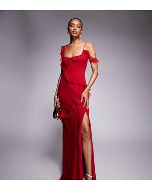 ASOS Asos Design Tall Raw Edge Frill Maxi Dress With Tie Back - Red