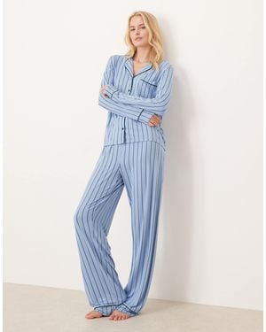 ASOS Asos Design Tall Super Soft Long Sleeve Shirt & Pants Pajama Set With Contrast Piping - Blue