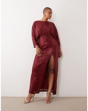 Tfnc Plus Sequin Mesh Kimono Sleeve Thigh Split Maxi Dress - Red