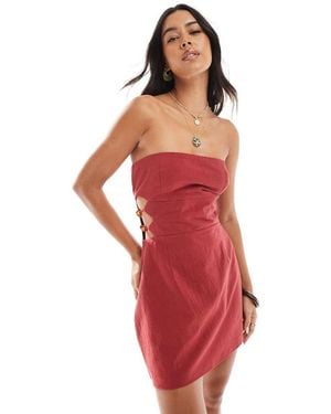 4th & Reckless Katoenen Mini Bandeau-Jurk Met Linnenlook, Uitsnijdingen En Kraaltjes - Rood