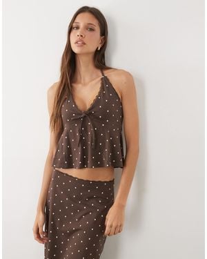 Miss Selfridge Rib Halterneck Top With Lace Trim - Brown