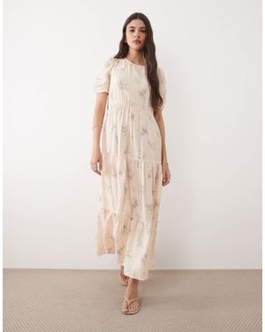 Nobody's Child Hudson Round Neck Puff Sleeve Tiered Midi Dress - Natural