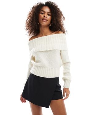 Bershka Fluffy Bardot Sweater - White