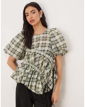 Ghospell Ruched Puff Sleeve Top - Green