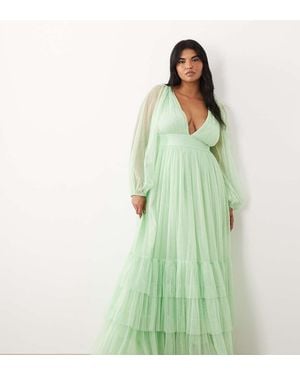 Lace & Beads Plus Bridesmaid Madison Smocked Plunge Neck Sheer Sleeve Maxi Dress - Green
