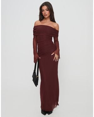 Princess Polly Consideration Mesh Bardot Flare Sleeve Lettuce Edge Maxi Dress - Purple