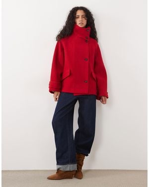 Mango 100% Wool Funnel Neck Jacket - Red