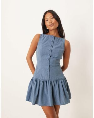 ASOS Asos Design Petite Cord Slash Neck Button Down Dropped Waist Mini Dress - Blue
