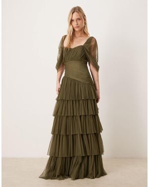 LACE & BEADS Asymmetric Ruffle Tulle Maxi Dress - Green