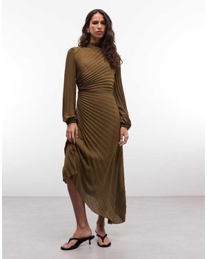 AllSaints Vestido Midi Fruncido Y Plisado De Manga Larga En Verde Oliva - Neutro