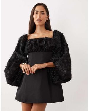 ASOS Square Neck Textured Mini Dress With Extreme Sleeves - Black