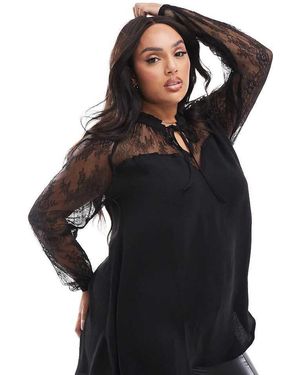 Yours Blusa Negra Con Lazada Al Cuello Y Escote En Forma De Corazón De Encaje De - Negro