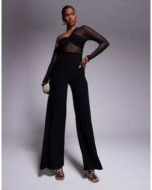 ASOS Long Sleeve Mesh Mix Jumpsuit With Fallen Shoulder - Black
