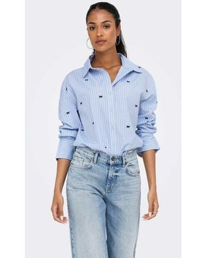 ONLY Oregon Striped Oversized Shirt Collar Long Sleeve Embroidered - Blue