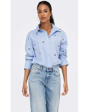 ONLY Oregon Camicia Oversize A Righe Con Colletto Camicia, Maniche Lunghe E Ricamo - Blu