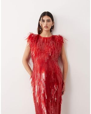 ARRANGE All Over Shard Sequin Strong Shoulder Maxi Dress - Red