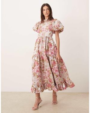 Sister Jane Dream Almost Bloom Jacquard Puff Sleeve Tiered Ruffle Hem Midi Dress - Pink