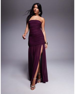 Aria Cove Mesh Bandeau Ruched Sheer Drop Hem Side Slit Maxi Dress - Purple