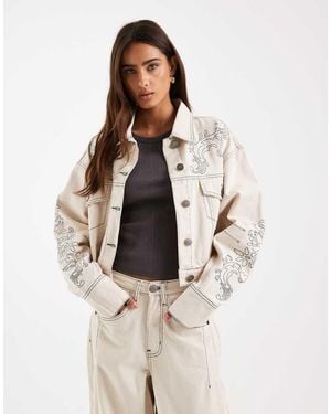 Daisy Street Volume Sleeve Curved Hem Denim Jacket With Embroidery - Natural