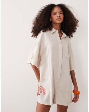 ASOS Short Sleeve Shirt Playsuit With Embroidery Detail - Natural