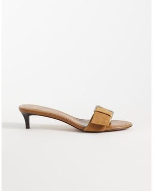 Mango 100% Suede Leather Buckle Detail Kitten Heeled Mules - Brown