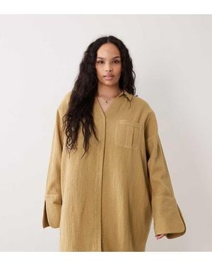 ASOS Asos Design Curve Double Cloth Mini Shirt Dress With Wide Cuffs And Oversized Pockets - Brown