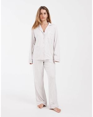 Loungeable Petite Supersoft Jersey Revere Top And Trouser Set - White