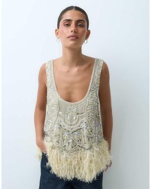 ASOS Top Con Bajo De Plumas Sintéticas Y Cuello Ancho En Amarillo Pálido