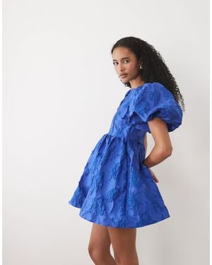 Sister Jane Clover Exclusive Jacquard Puff Sleeve Mini Dress - Blue
