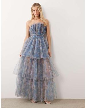 LACE & BEADS Bandeau Tulle Maxi Dress - Blue