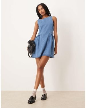 ASOS Denim Mini Dress With Drop Waist Side Panels - Blue