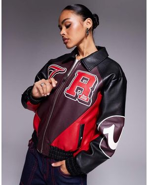 TRUE RELIGION Leather Look Colour Block Logo Varsity Jacket - Grey
